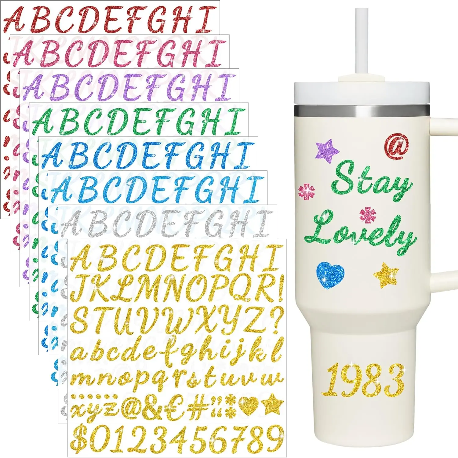 8 Sheets Glitter Letter Stickers for Water Bottles, Alphabet Name Sticker for Cup,Vinyl  Personalized Letter Number Name Tags Logo Stickers for Scrapbooking Tumbler Accessories (Colorful)