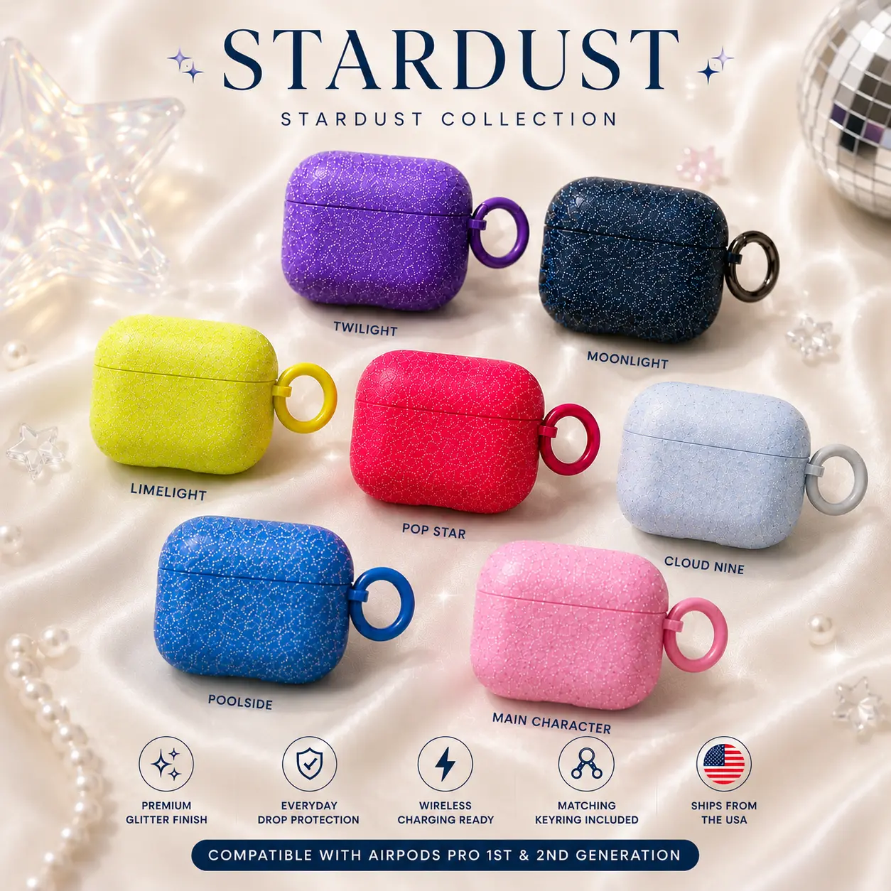 Stardust Glitter AirPods Pro Case (1st & 2nd Gen) | Soft Silicone Protective Cover | Wireless Charging Compatible