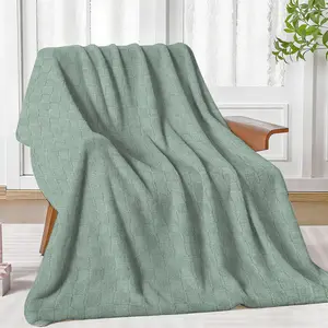1pc Solid Sage Green Flannel Throw Blanket - Cozy Checkered Textured, Soft Plush, Classic Grid Design - Ideal for Sofa Couch, Home Decor, Gift, Throw Blankets