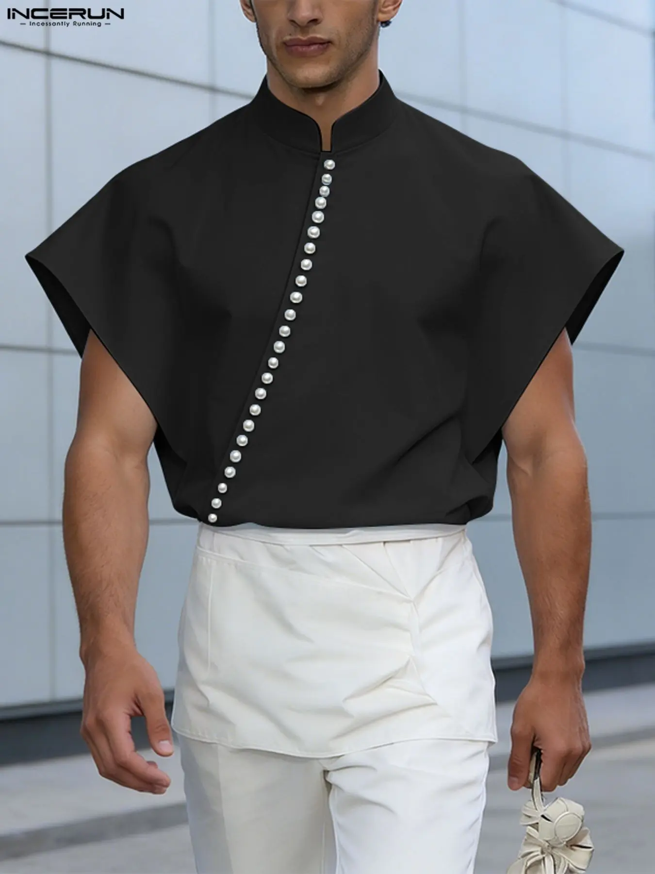 INCERUN Men's Fashion Summer Asymmetrical Pearl Sleeveless Shirt, Stylish Casual Top for Men, Slim Fit, Perfect for Warm Weather