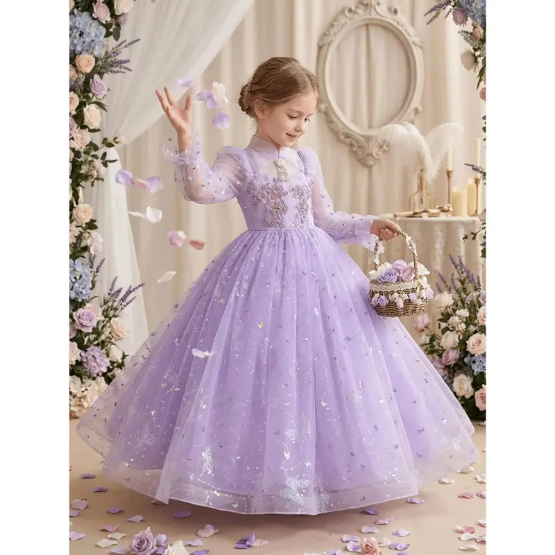 Girl's Sequined Purple Princess Dress - Full-Length, Long Sleeves, High Waist, Tulle Large Skirt, Suitable for 11-12y/13-14y Kids' Sports Performances & Birthday Parties, Sequins, Multi-Size
