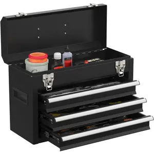 Portable Metal Tool Box with Drawers, EVC Lined Tool Box with Latch, Heavy Duty Tool Box with Powder Coating for Garage, Office, and Home (Black)