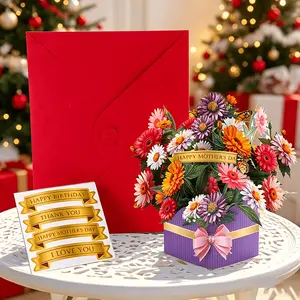 3D Pop Up Daisy Flower Bouquet Card with Replaceable Stickers & Envelope Suitable for Mother's Day, Birthday, Thank You Cards - Multicolor Paper Flower Greeting Card with Pop-Out Blooms for Mom, Wife, Grandma Gifts