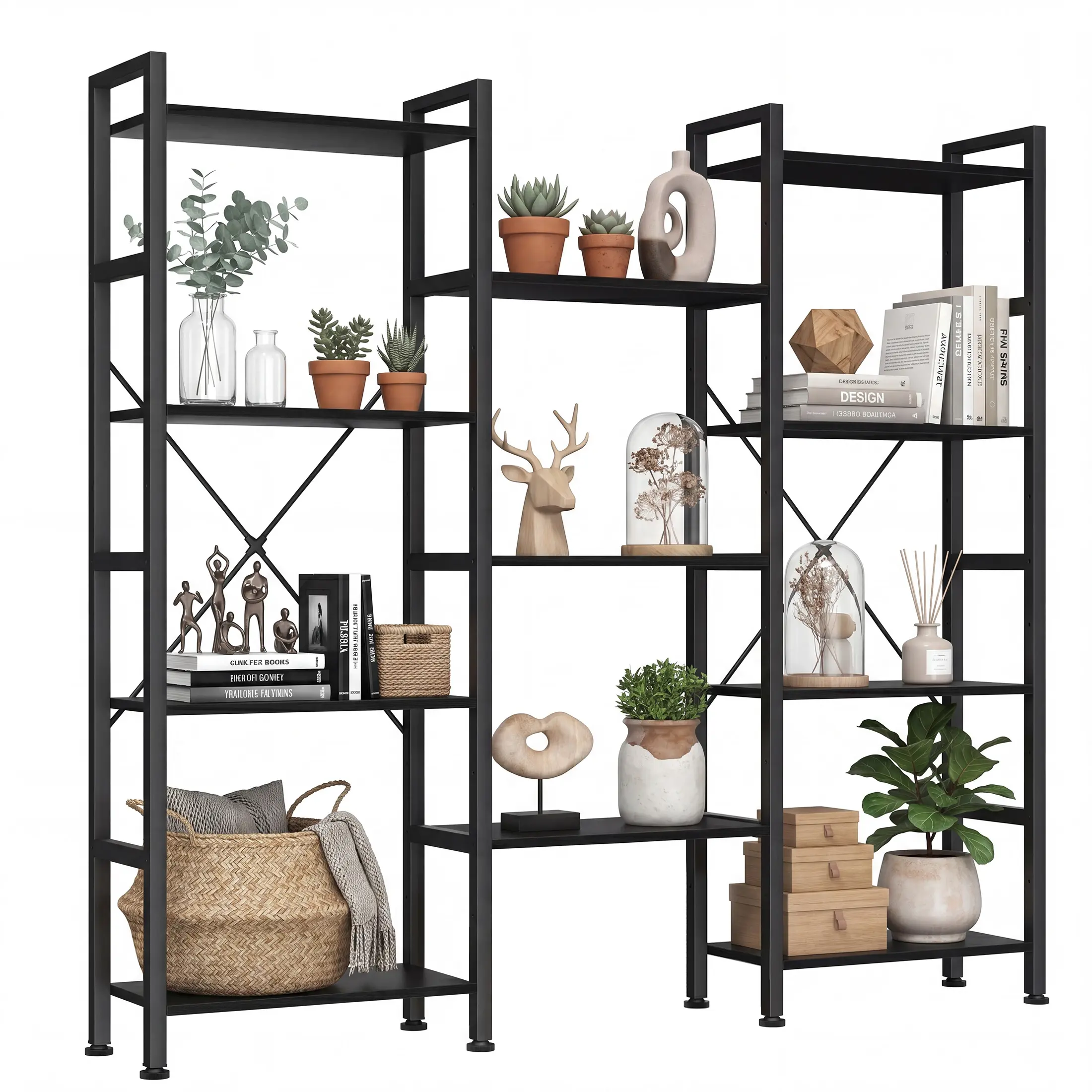 Sweetcrispy Industrial Wide Bookshelf with Adjustable Shelves - Convertible 3-Column 4-Tier Books Display Unit for Living Room, Home Office