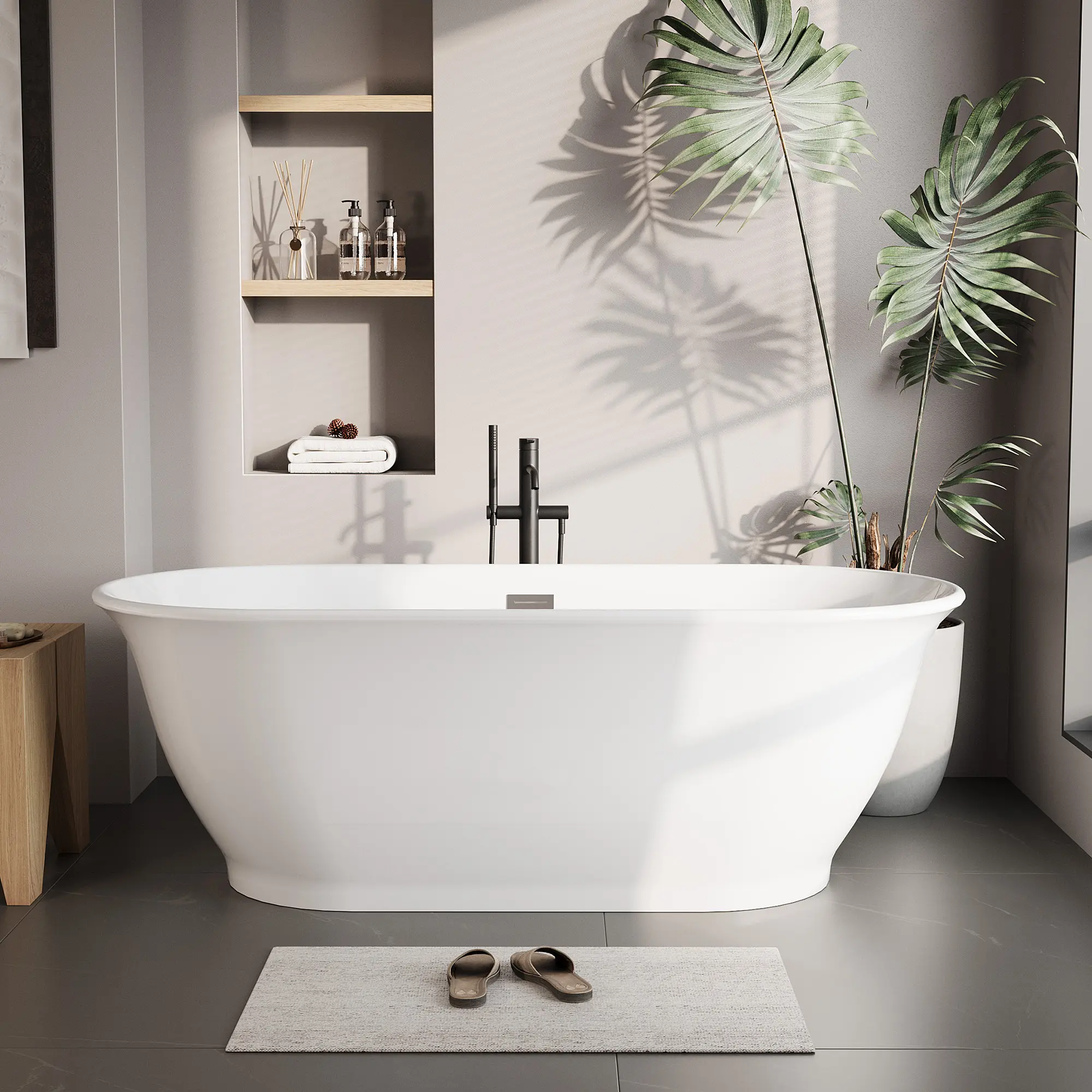 Freestanding Acrylic Oval Rim Bathtub (59/67 in), Full White Comfort Soaking Tub for Home Spa, Chrome Pop-Up Drain, Multiple Colors & Styles Available - SummerVibes