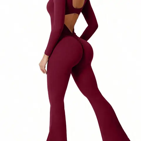 Women's Solid Square Neck Long Sleeve Flare Jumpsuit, Sporty Jumpsuit, Casual Comfy High Stretch Seamless Jumpsuit for Yoga Gym Workout, Ladies Sportswear for All Seasons, Stretchable Activewear, Stretchy Sports Jumpsuit