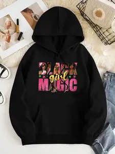 Women's Letter & Figure Print Drop Shoulder Hoodie, Fashion Casual Drawstring Pocket Hooded Sweatshirt for Daily Holiday Outdoor Wear, Women Clothing for Fall & Winter