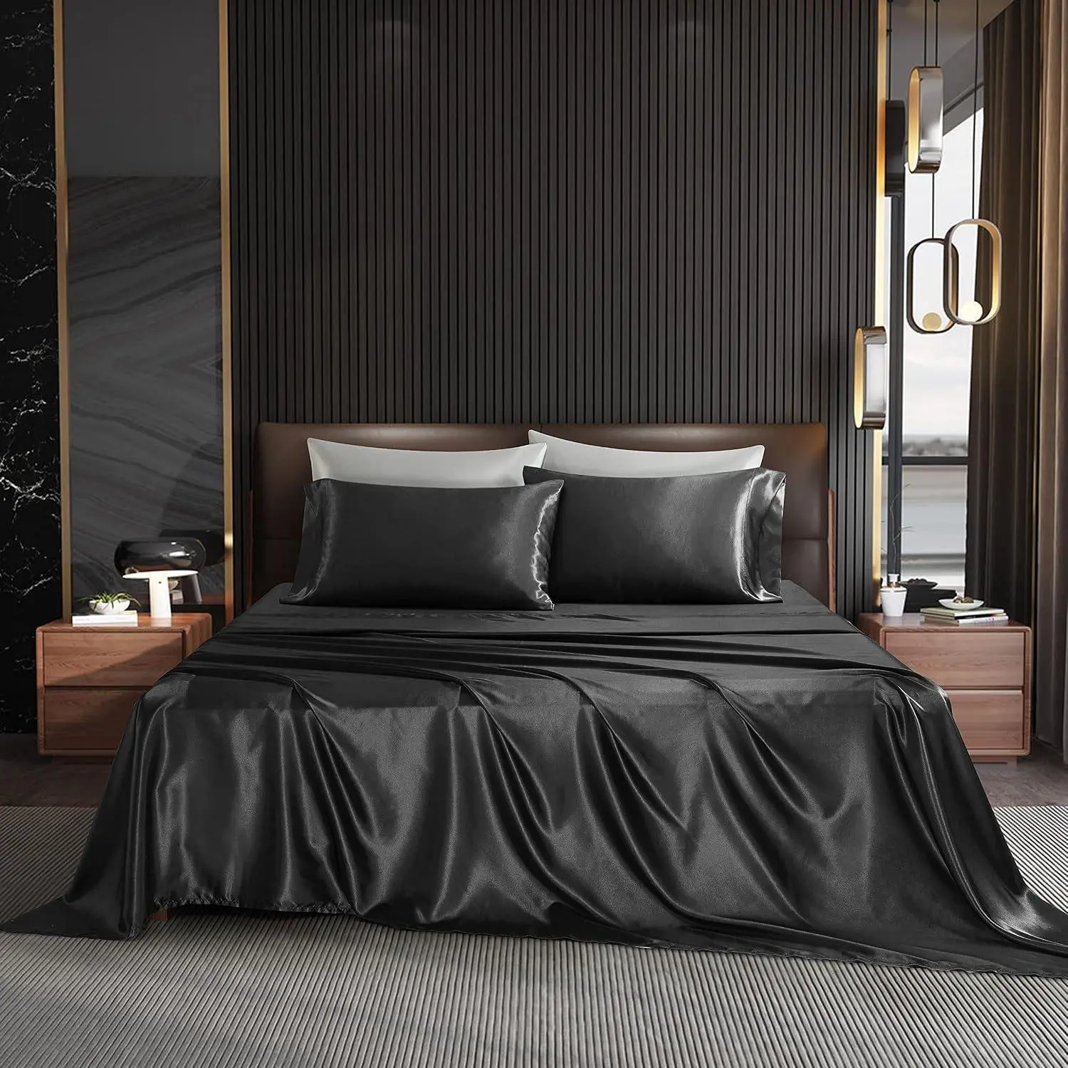 Full Size Black Silk Bedding Set (4PCS) - Cooling Breath Home Bedding, Includes 1 Flat Sheet, 1 Deep Fitted Sheet, 2 Pillowcases