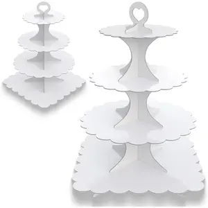 4-Tier Round & Square Cupcake Stand, 2-Pack White - Sturdy Disposable Cardboard for Parties, Weddings, Baking Display