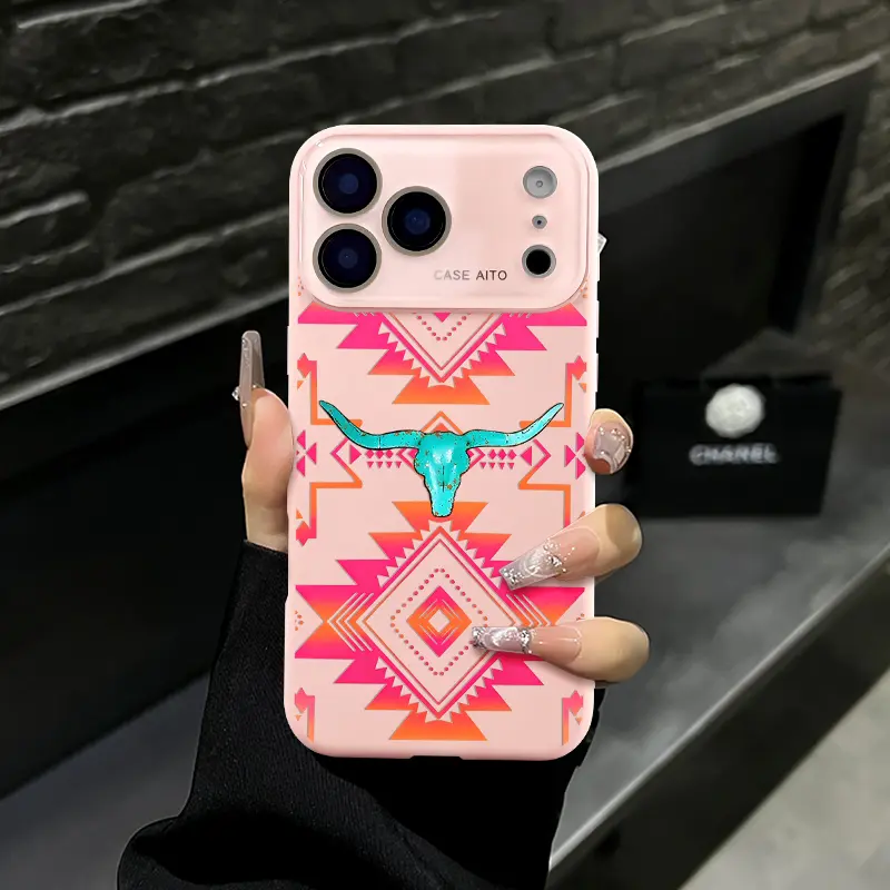 Western Longhorn Bull Skull Aztec Geometric Pink Phone Case Suitable for iPhone 18 Pro Max 17 Air 16 Pro Max 15 14 Plus 13 12, Shockproof Drop-Resistant Protective Phone Cover