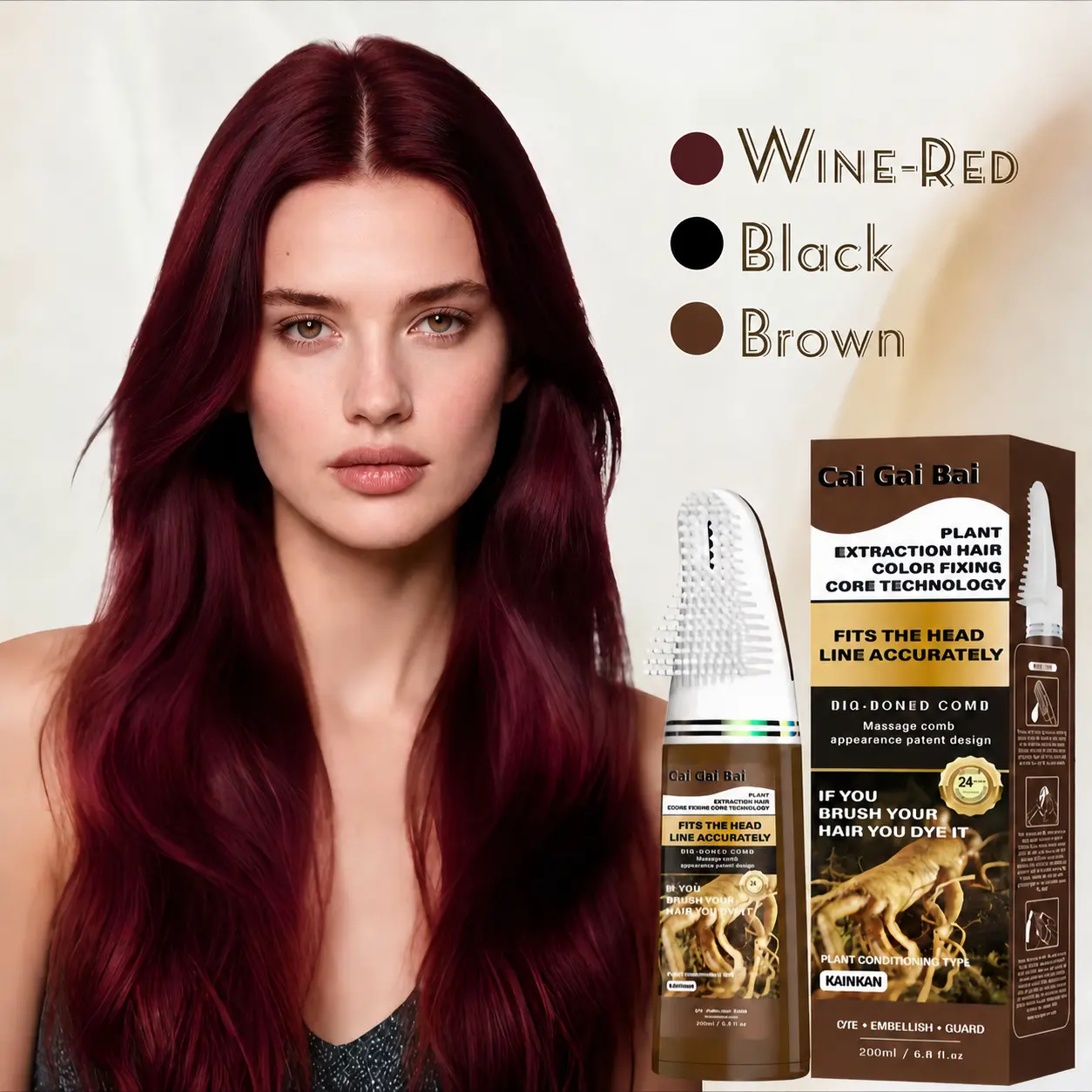 Cai Gai Bai 3-in-1 Hair Dye Comb（Black, Brown,WINE-RED）, 200ml, Ammonia-Free Formula with Plant Extracts, Easy No-Mix At-Home Hair Coloring for Gray Coverage, Convenient Comb Applicator and Long-Lasting, Fade-Resistant Finish