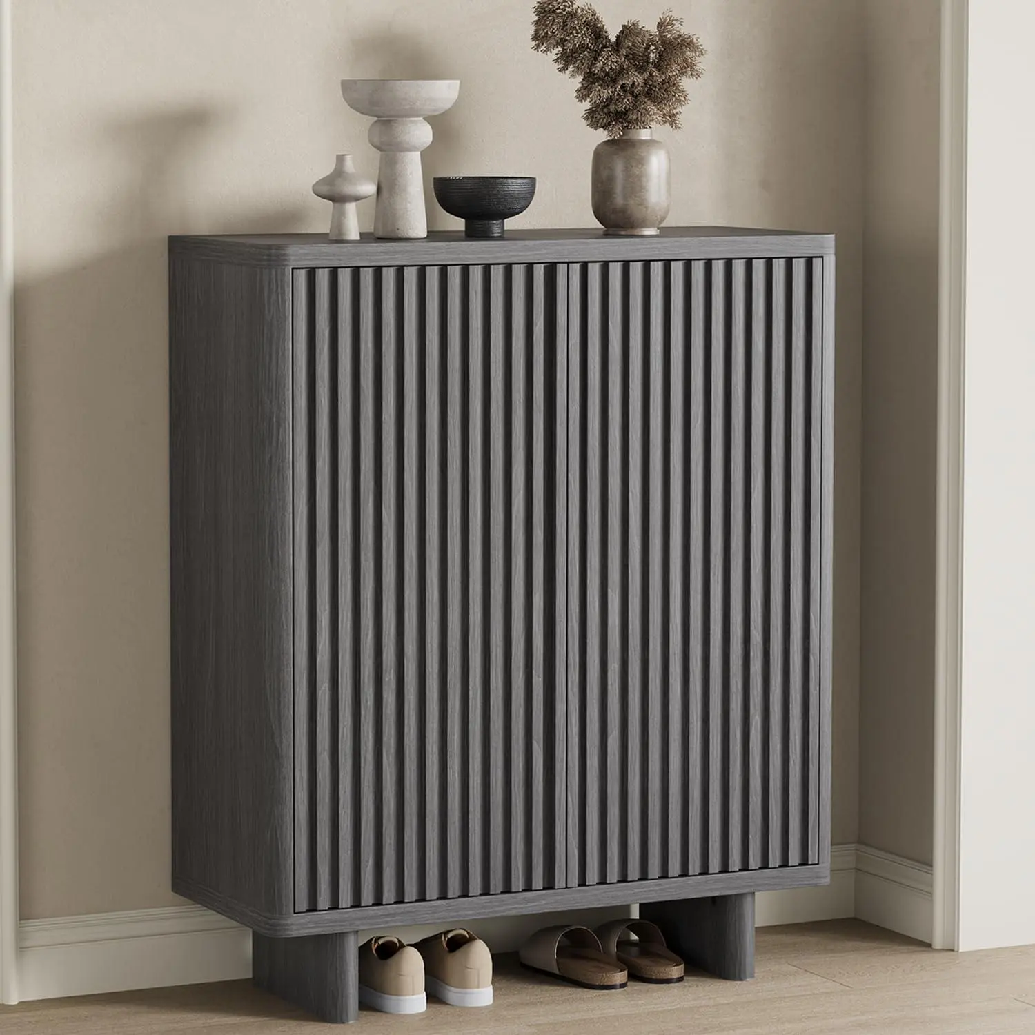 Grey 31.6 Inch Shoe Cabinet with Fluted Door, 5-Tier Storage with 4 Adjustable Shelves, Rustic Entryway Shoe Bench for Hallway & Foyer