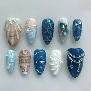 10 Pcs Almond Shape 3D Nail Art Stickers, Blue Beach Style Glossy False Nails with Pearl & Chain Decor, Reusable Nail Tips for Party & Travel