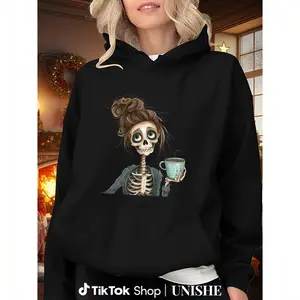 Trendy Skull & Coffee Crew Neck Long Sleeve Hoodie for Men and Women