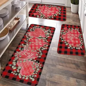 2/3pcs Valentine's Day Kitchen Carpet Floor Mat, Sweet and Romantic Love Plant Grid Printed Anti slip Floor Mat, Soft and Comfortable Flannel Anti slip Kitchen Floor Mat, Valentine's Day, Wedding Party Kitchen, Bathroom Entrance, Door Decoration Floor Mat