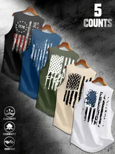 Men's Wide Shoulder Vest Set of 5, Usa Flag Print Design, Summer Sleeveless T-Shirt, Comfortable Fashion Top for Daily Wear