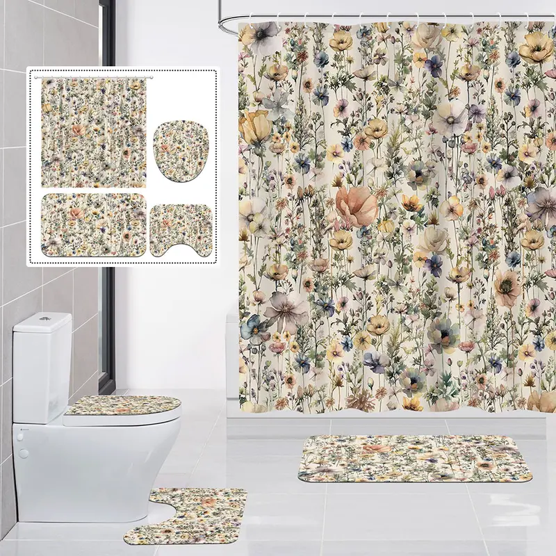 72x72" Luxurious Polyester Shower Curtain Set (4-Pcs) - Farmhouse Floral, Rustic Boho Wildflower, Geometric Marble Abstract Art Design, Bold Style Contemporary Bathroom Decor with Toilet Mat, Lid Cover, Hooks, Gold Accents