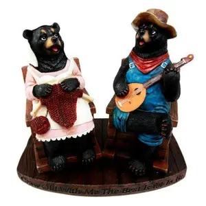 Ebros Gift Large Country Folk Bluegrass Honey Bear Couple Figurine 8.5" H Grow Old with Me Cottage Bears Playing Banjo & Knitting Yarn Decorative Sculpture