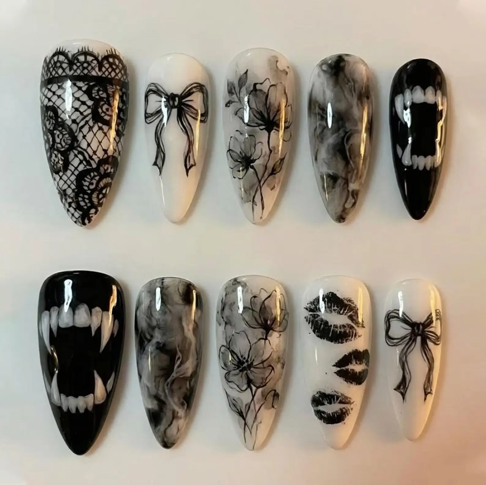 Black White Gothic Press On Nails, Lace Floral Bow Nail Art, Vampire Kiss Handmade Nails