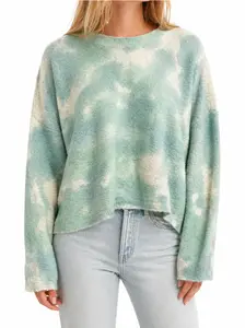 Green Tie-Dye Sweater – Soft Fuzzy Knit Crewneck Pullover