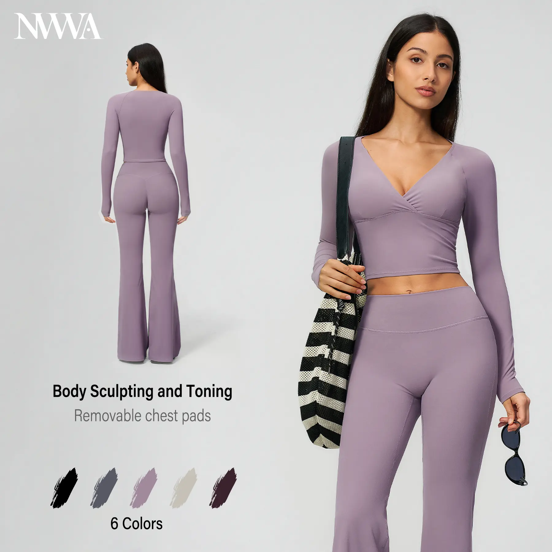 NVWA Women's 2-Piece Active Sportswear Set - V-Neck Long Sleeve Crop Top & High Waist Below Ankle Flare Leggings, Soft Breathable Quick-Dry Stretchy Body Sculpting Tummy Control Athleisure Co-Ord for Yoga, Gym, Women's Clothes Workout Sets, Two Piece Set,