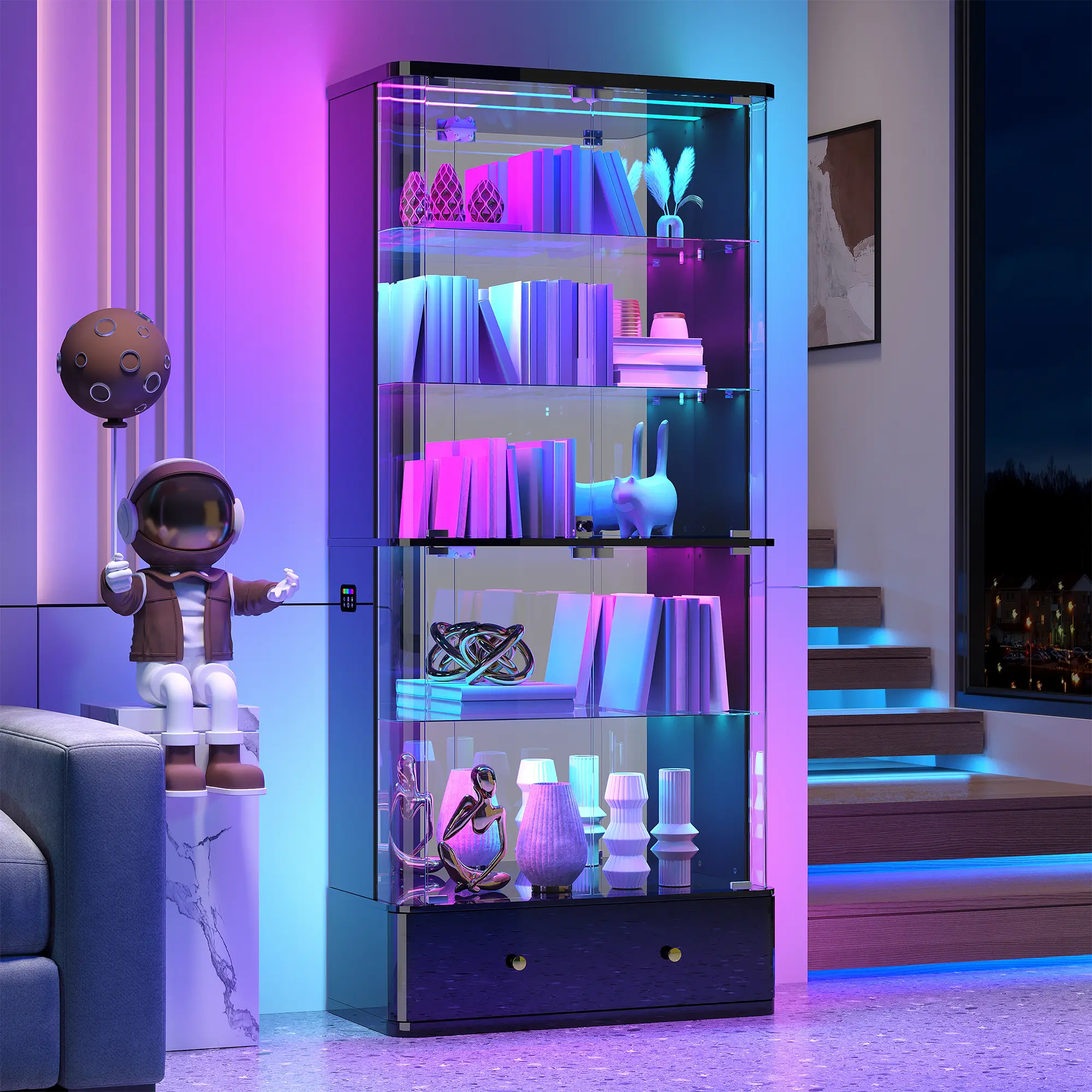 Dystler RGB LED Glass Display Cabinet | 71 Inch Standing Lockable Curio Cabinet with Storage Drawer, Assembly Required, Premium Display Case for Collectibles, Gundam, Action Figures, Gaming Room Decor