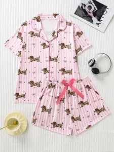 Women's Two-Piece Sleepwear Set, Cute Striped Leopard Sausage Dog Full-Print Design, Premium Satin Fabric, Comfortable & Stylish