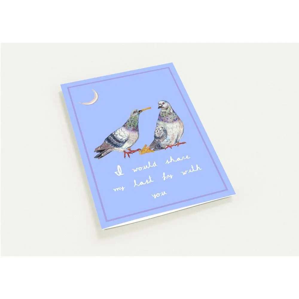 Hand drawn friendship card with two pigeons who share their last fry with you, with a powder blue inside, Pack of 10