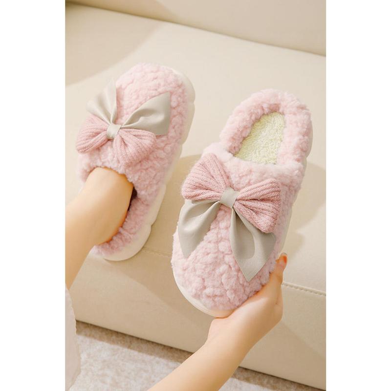 White Contrast Bowknot Applique Plush Winter Slippers