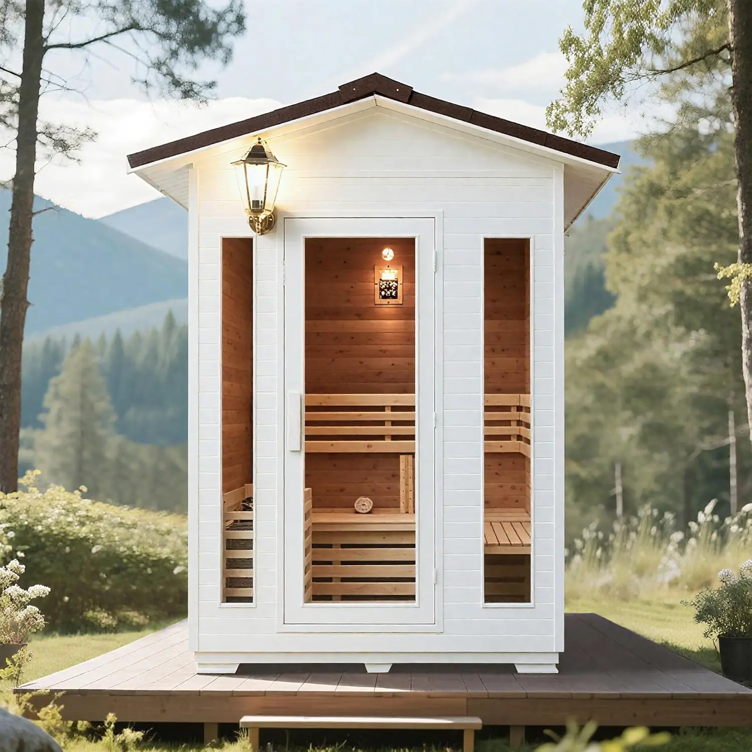 2-3 Person Outdoor Wooden Sauna Room,Canadian Cedar 220V 6KW Electric Stove Backyard Steam Sauna Kit with Light (White-3Person)