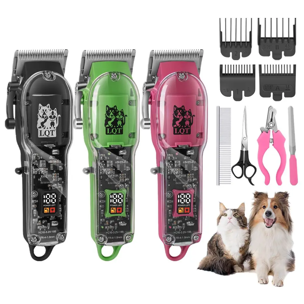 Professional Dog Grooming Clippers Kit, Transparent Body LCD Electric Pet Shaver, No Pull Hair Trimmer with Guards, Nail Clipper File Full Accessories