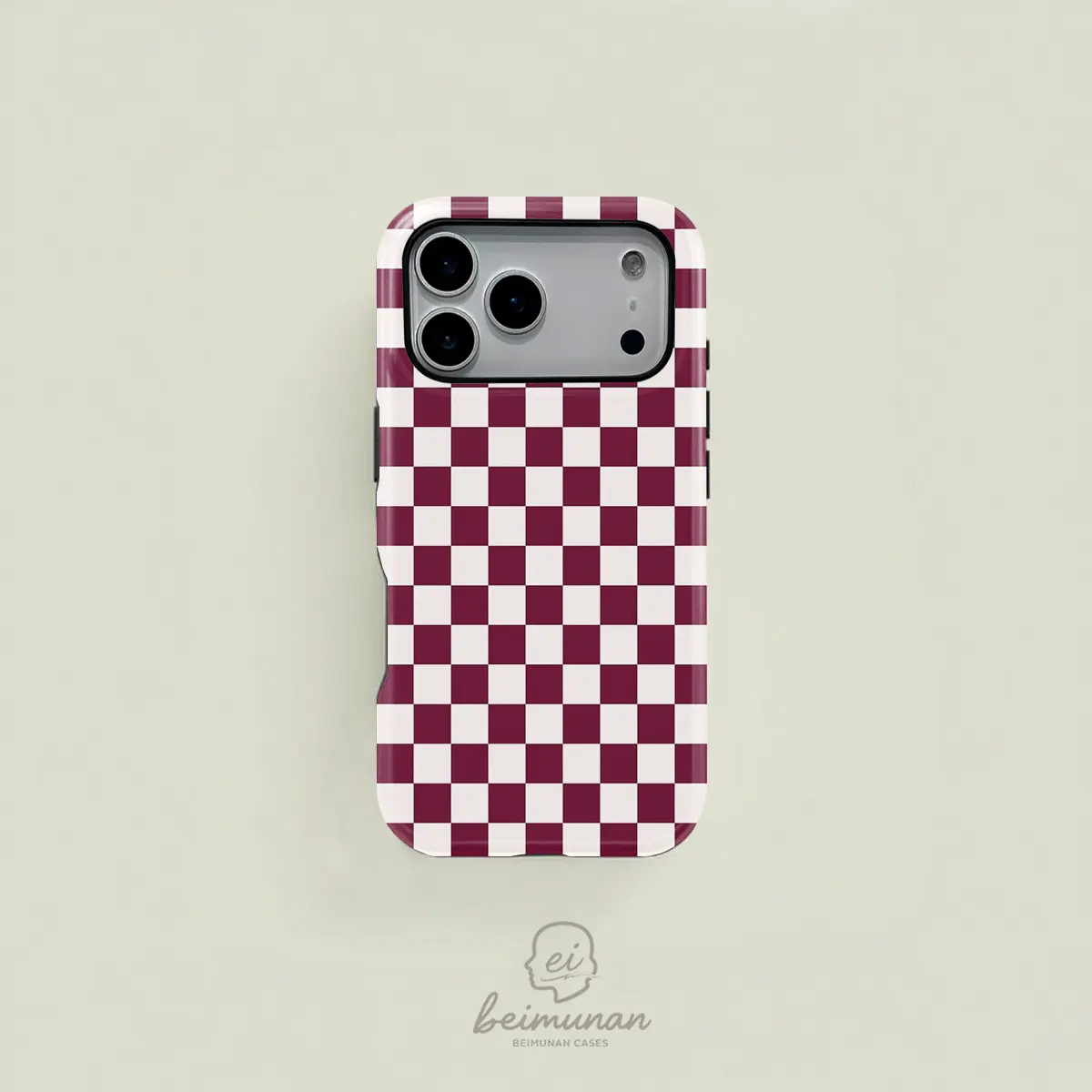 Maroon Checkered Pattern Protective Phone Case Casing, Rugged 2in1 Shockproof Phone Protector, Phone Accessory for iPhone X 11 12 13 14 15 16 17 Pro Max, Perfect for Valentine's, Couples, Friends Gift