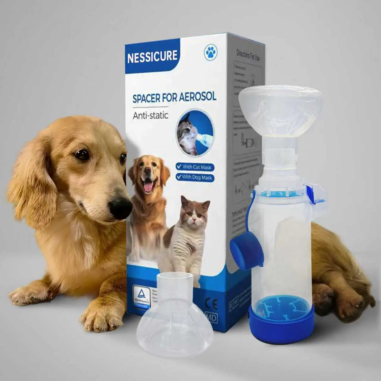 Pet Inhaler Spacer with 2-Sized Masks for Cats and Dogs, Aerosol Chamber with Breathing Flow Indicator, Compatible with Any MDI