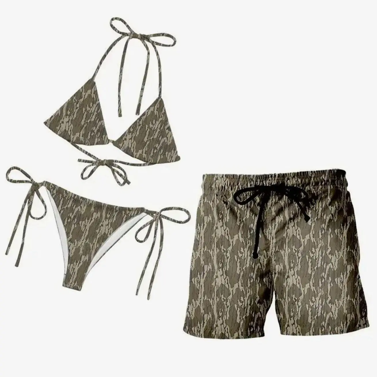 Matching Couple Swimwear - Bottomland Camo String Bikini & Men's Board Shorts Set Classic Bark Camouflage Hunting Style Outdoor Swimsuits, Quick-Dry Beachwear for Lake & River Life, Country Couple Gift, ZLY 851