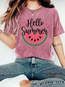 Women's Watermelon & Letter Print Round Neck Fitted Lightweight Tee, Fashion Casual Crew Neck T-shirt for Daily Holiday Vacation Outdoor Wear, Ladies Clothes for Summer