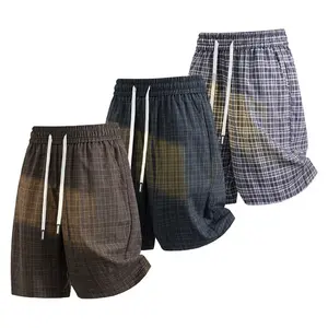 American retro plaid drawstring elastic-waist shorts with pockets for men—summer casual loose fit, breathable and comfortable; suitable for home wear, outdoor activities, fitness, beachwear, everyday wear, and vacations.