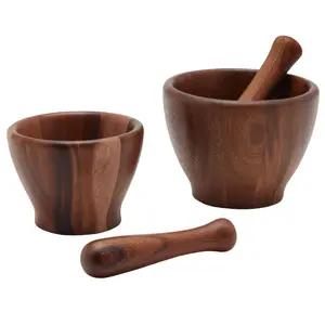 Set of Two Dark Acacia Gourmet Mortar and Pestle