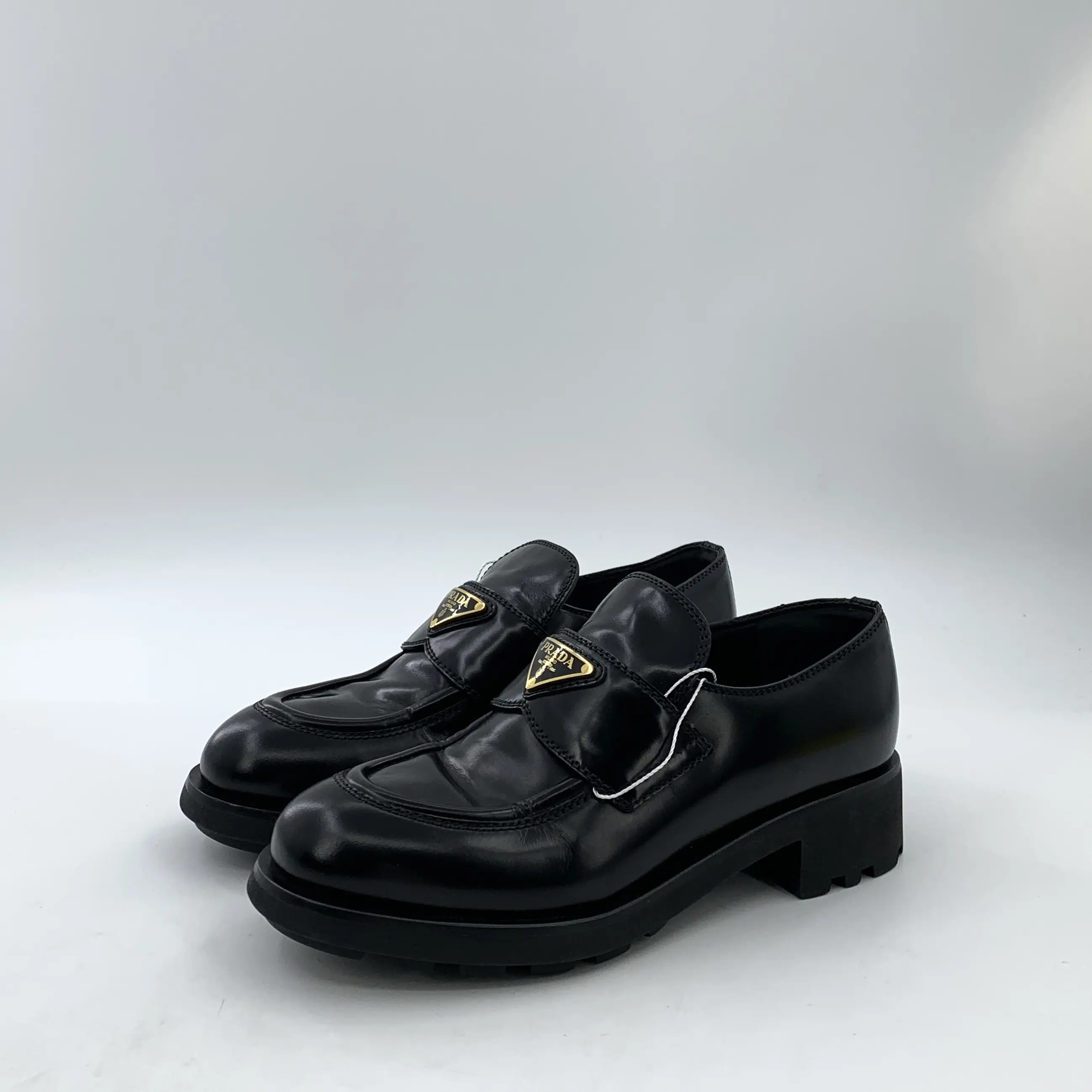 RDLTS- Prada Black Triangle Logo Glossy Loafers Size US 6.5