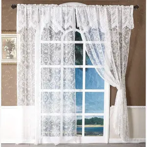 84 Inch White Lace Curtains with Valances Attached 2 Panels, Floral Embroidered Semi Sheer Window Lace Tulle Rod Window Drapes with for Living Room Bedroom Balcony