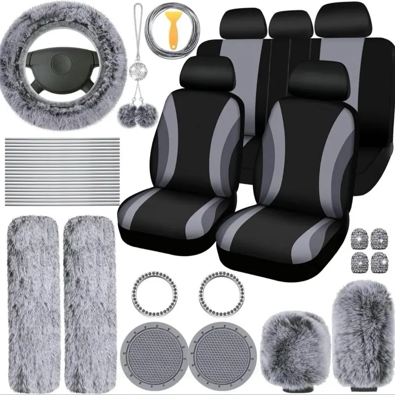 Car Interior Decorative Accessories, Car Seat Decoration Accessories, Universal Plush Steering Wheel Protective Cover Kit, Car Interior Seat Set, Automotive Accessories, Teen Girl Gifts, Decorative