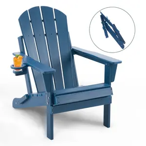 Furnimart Folding Adirondack Chair, Outdoor HDPE Weather-Resistant Garden Chair with Cup Holder, Wood-Grain Finish, Suitable for Outdoor Use, Gardens, Balconies, Lawns, Porches, and Decks