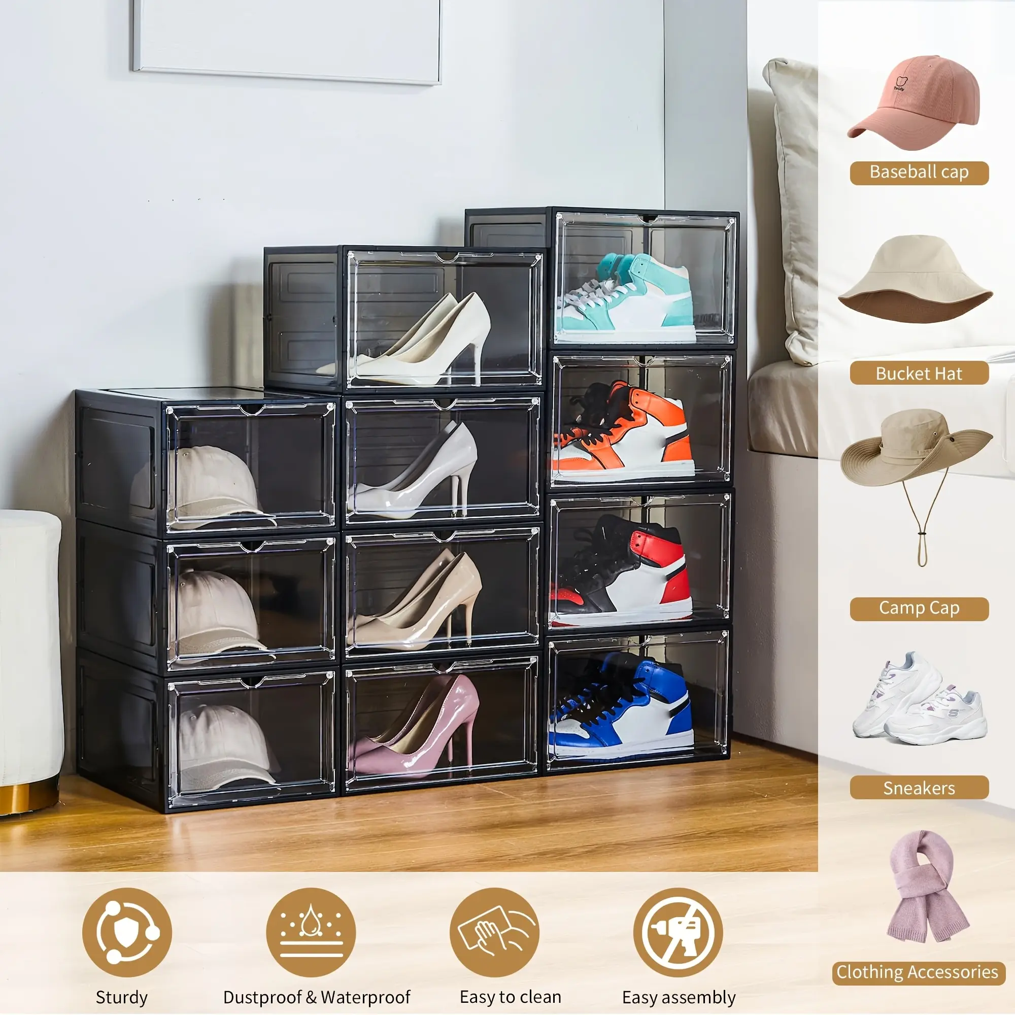 Stackable Plastic Shoe Boxes  - Shoe  Organization, Multi-Layer Space-Saving Closet Room Organizer, Shoe Rack Organizer, Easy-Assemble Expandable Rectangle Racks for Sneakers, Boots, Father's Day Gift display  cabinet customizable storage
