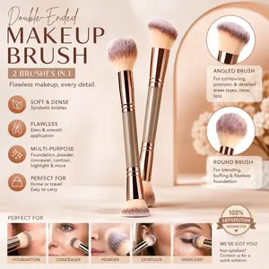 Double-Ended Foundation Makeup Brush, Angled/Round Top for Liquid, Powder & Cream Blending (Brown), champagne gold