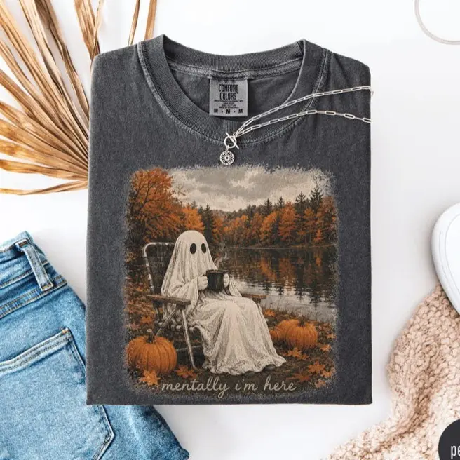 Comfort Colors Mentally I'm Here Ghost Shirt, Cute Fall Ghost Graphic Tee, Pumpkin Season T-Shirt, Cozy Autumn Apparel, Halloween Gift
