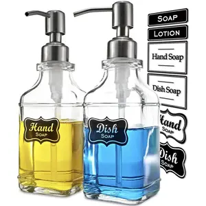 2Pack Antique Design Glass Soap Dispenser with Rust Proof 304 Stainless Steel Pump, Refillable Hand Soap Dispenser with 10Pcs Stickers, Premium Soap Dispensers for Kitchen & Bathroom (Clear)