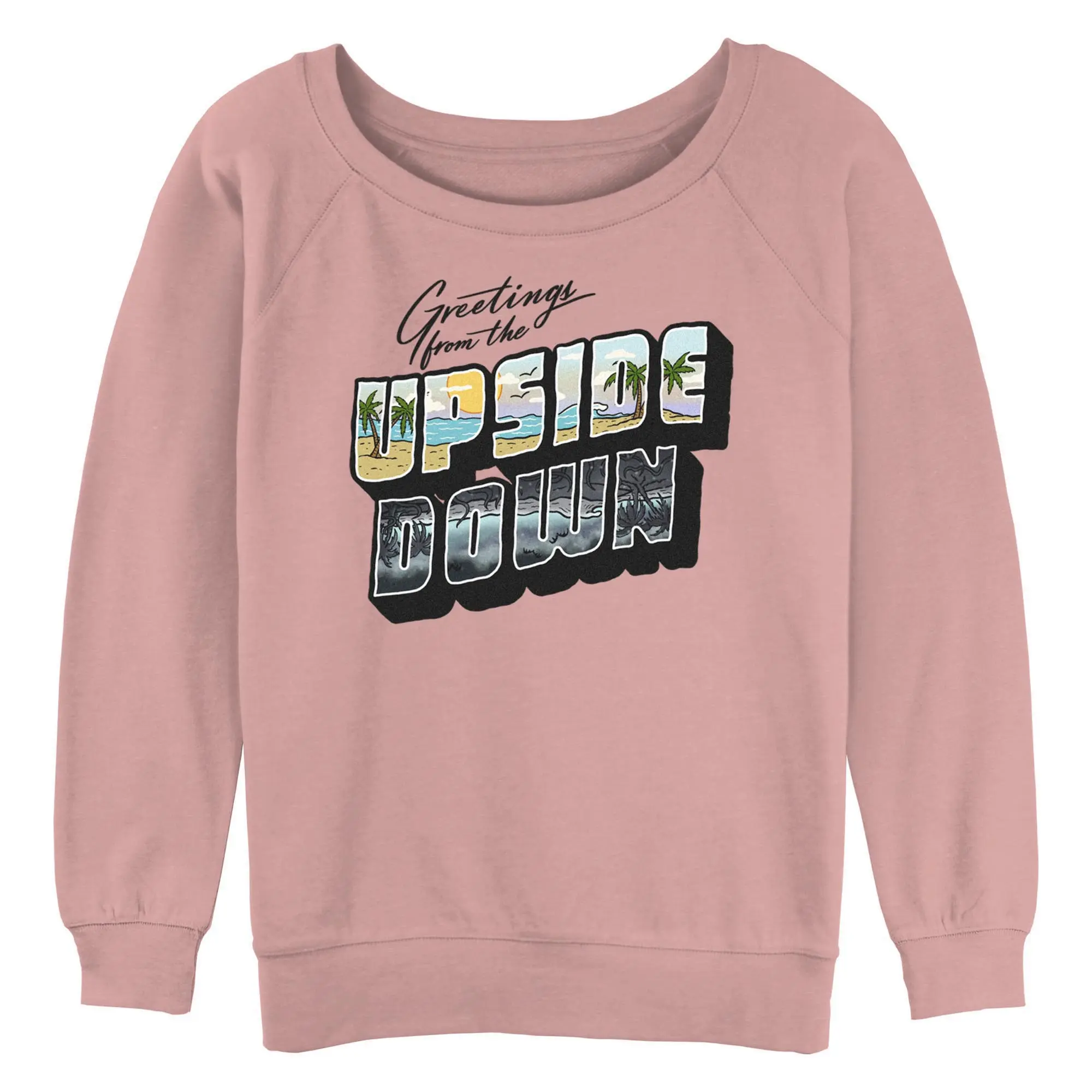 Junior's Stranger Things Tropical Upside Down Greetings Sweatshirt