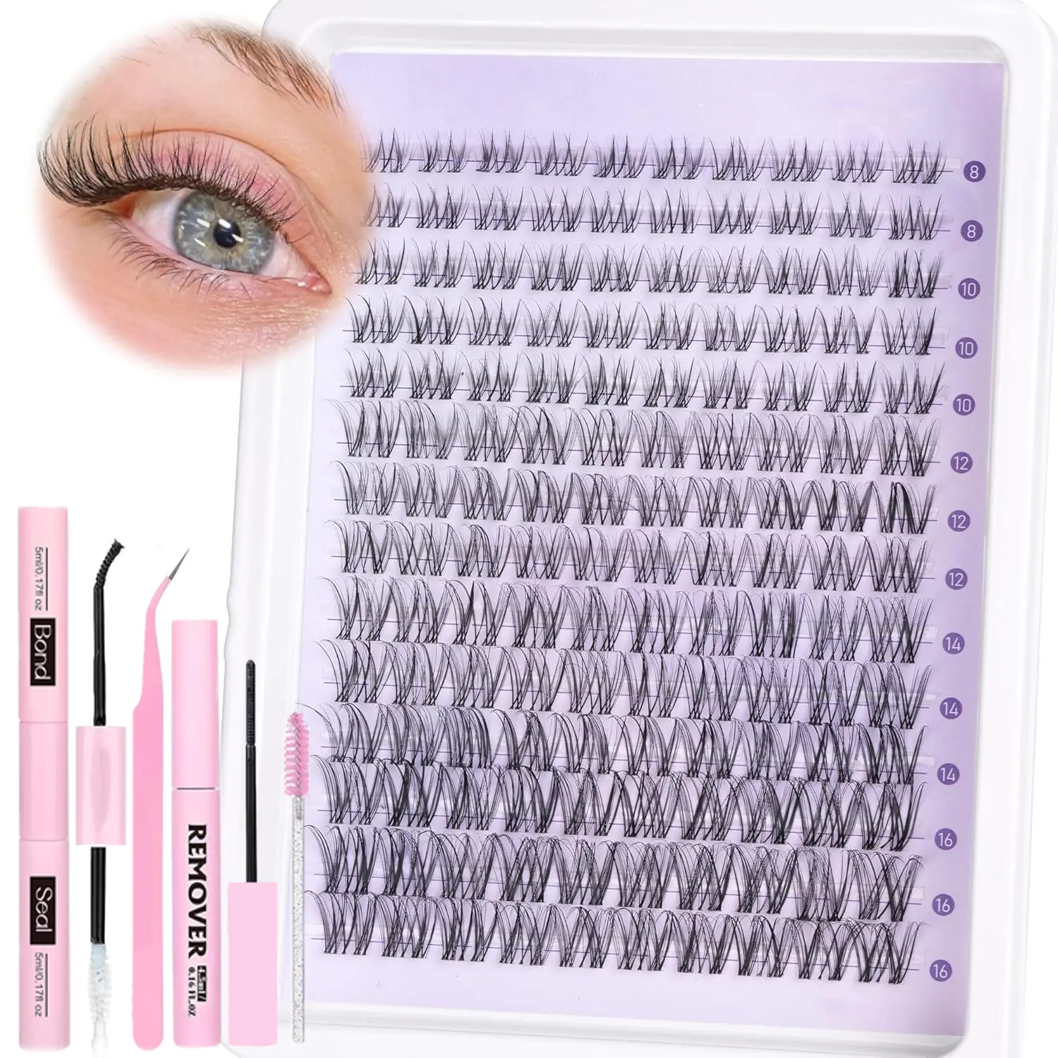 132 Pcs Voluminous False Eyelashes Set, 8-16 Mm Mixed Length, Fluffy Natural Look, D Curl, Waterproof Glue Eyelash Tweezers Included, Perfect for Christmas Festival, Fluffy Eyelash Clusters, Volumized False Eyelashes