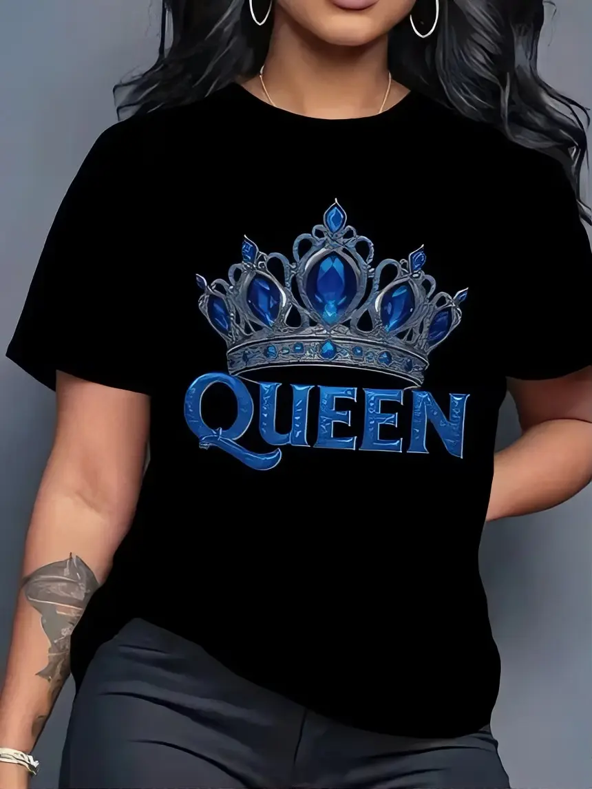 Queen T-Shirt with Blue Crown Design, Short Sleeve, Crew Neck, Casual Style, Black Color, Women's Top
