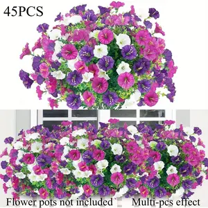45 PCS of Artificial Low Petunias for Outdoor Use, Resistant to Wind And Rain - Vibrant Purple, Pink, White, And Green, High-Quality Plastic Hanging Decorations, Suitable for Balcony And Terrace Flower Boxes, Wedding And Event Arrangements