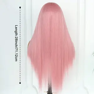 Women's 28-Inch Rose Pink Straight Synthetic Glueless Frontal Wig - HD Transparent 13x4 Free Part, Silk Texture, Heat-Resistant Soft Hair, Realistic Hairline, Fashion Hair Accessory, Pink Wig